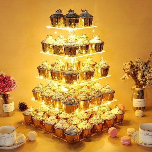 Acrylic Cupcake Stand with LED String Lights, 5 Square Tiers for Dessert Displays