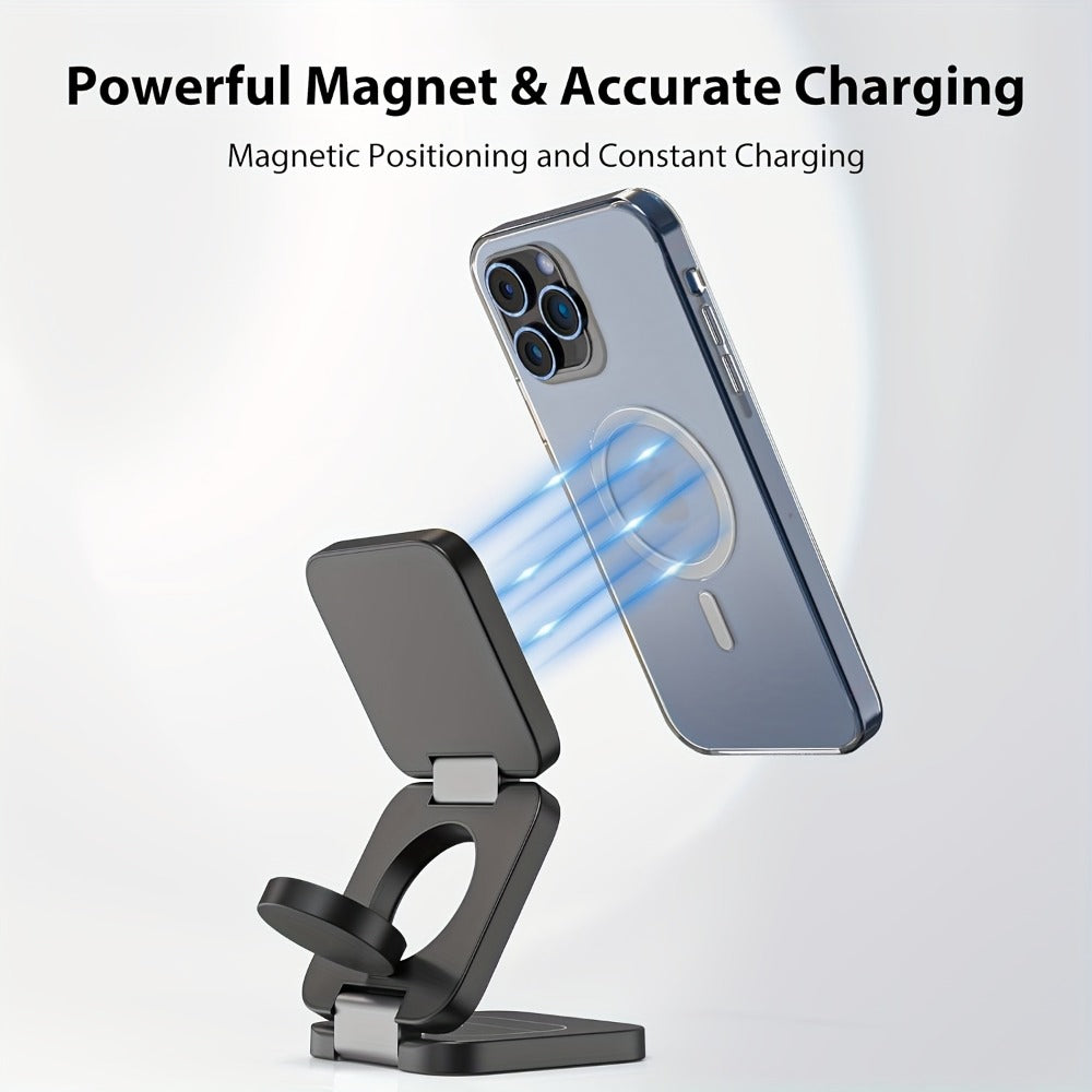 3-in-1 Foldable Travel Charging Station Magnetic Wireless Charger Dock for iPhone 17 16 15 14 13 12 Pro Max, Apple Watch Ultra 2 Series 9 8 7 6 5 4 3 2 SE, AirPods 4 3 2 Pro – Compact Portable – Black