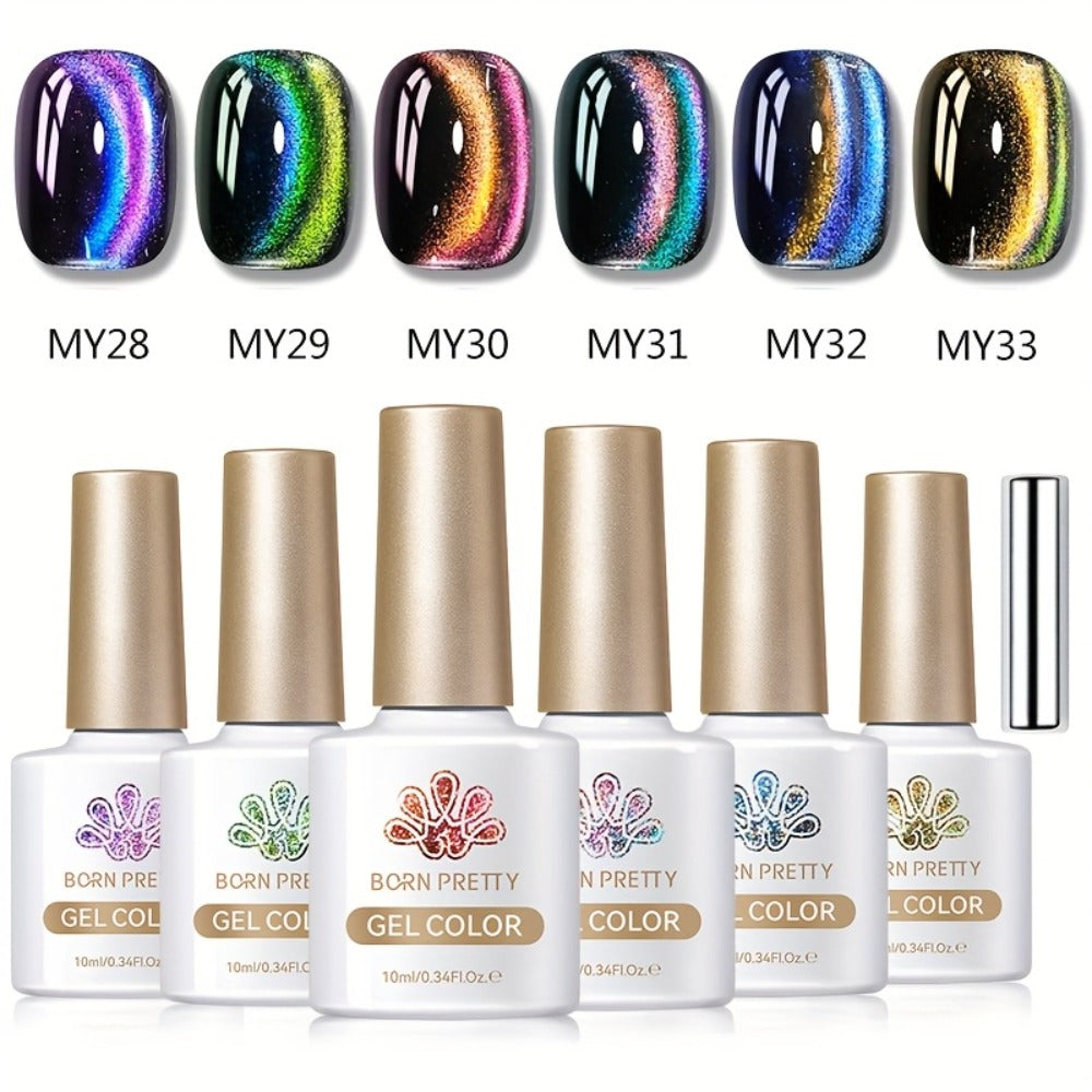 Cat Eye Gel Nail Polish Set 6 Colors 9D Magnetic Polaris Glass Water Light Effect - Semi-Permanent Soak Off LED UV Gel 0.34oz Each - Long Lasting Shimmer Nail Art for Women Salon Home DIY