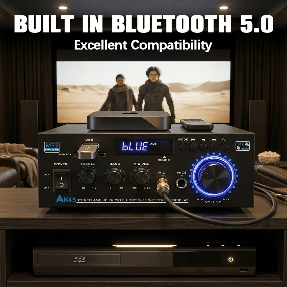 400W Bluetooth 5.0 Stereo Amplifier Receiver AK45, 2-Channel Home Audio Power Amp with Karaoke, FM Radio, USB MMC SD Card, Supports Passive Ceiling Speakers Garage Home Theater Speaker System