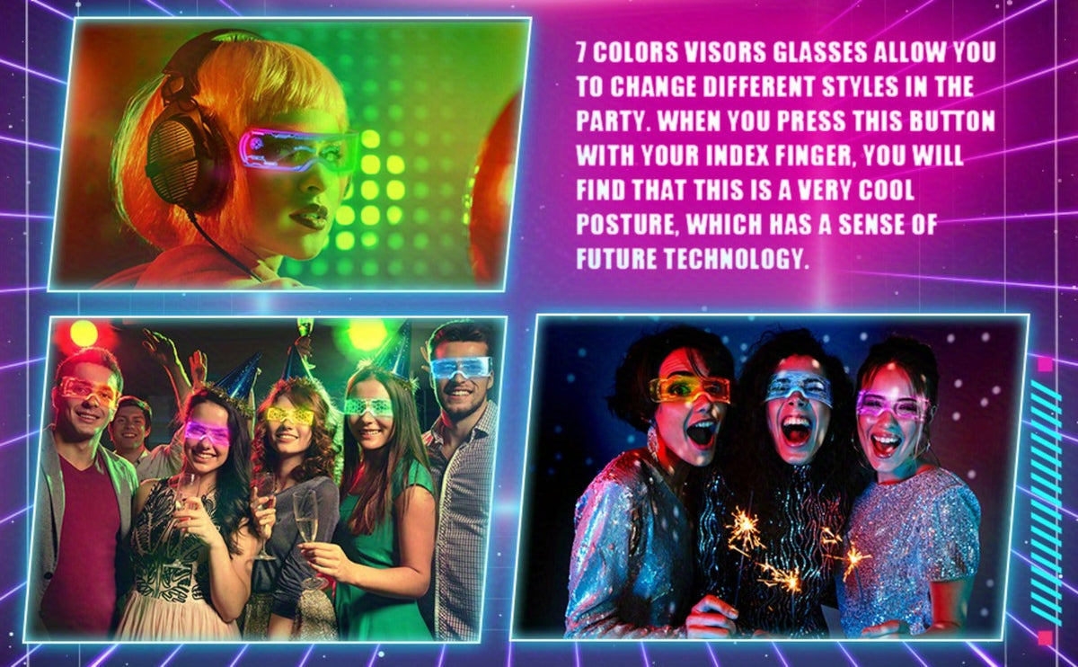 LED Visor Glasses 2 Pack, Cyberpunk Light Up Glasses with 7 Colors and 5 Modes for Parties