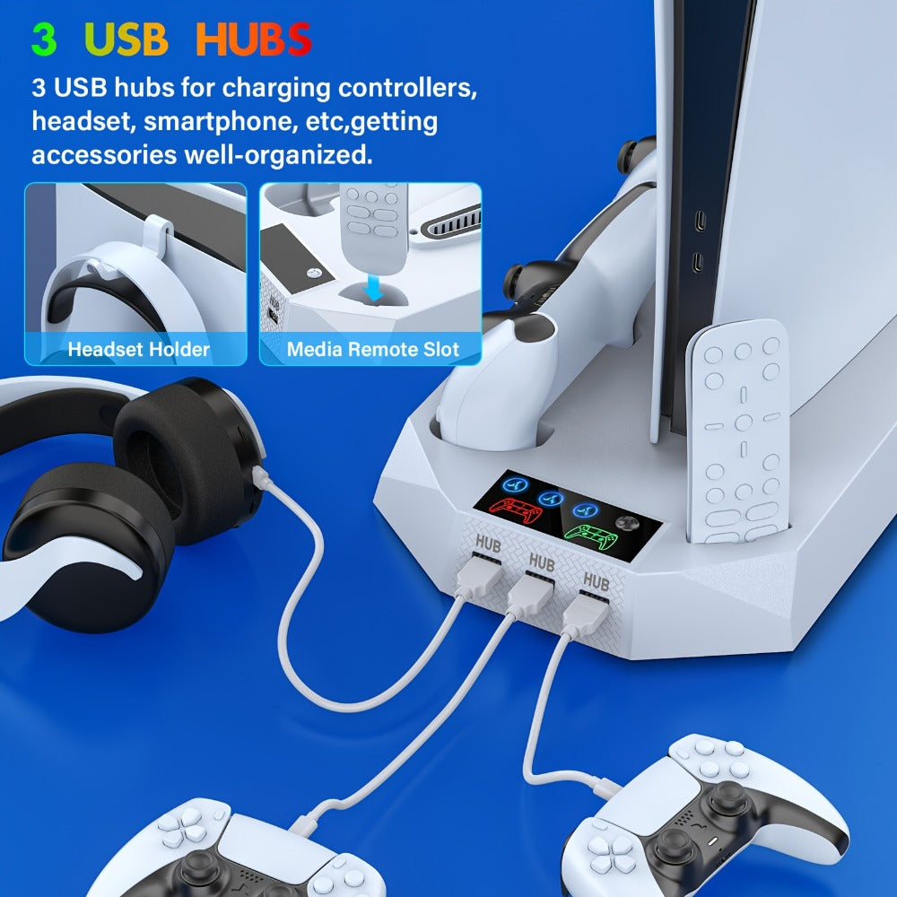 PS5 Cooling Charging Station 5-in-1 with Turbo Fan, Dual Controller Charger, 3-Port USB Hub & Headset Holder – Compatible with PlayStation 5 Slim Pro Standard Disc Digital Edition, 19-Inch USB Cable, Christmas Gift