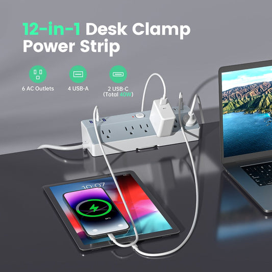 Desk Clamp Power Strip with 6 AC Outlets, 4 USB-A and 2 USB-C PD 20W Ports