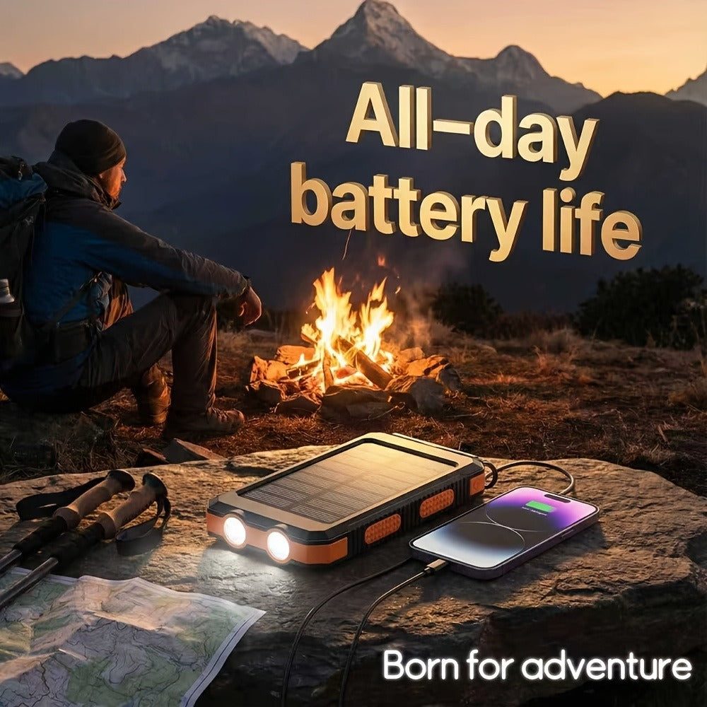 Solar Power Bank 20000mAh Portable Charger for Camping Hiking Outdoor Survival – Dual USB LED Flashlight Compass Emergency Battery Pack for iPhone Android – Black Orange