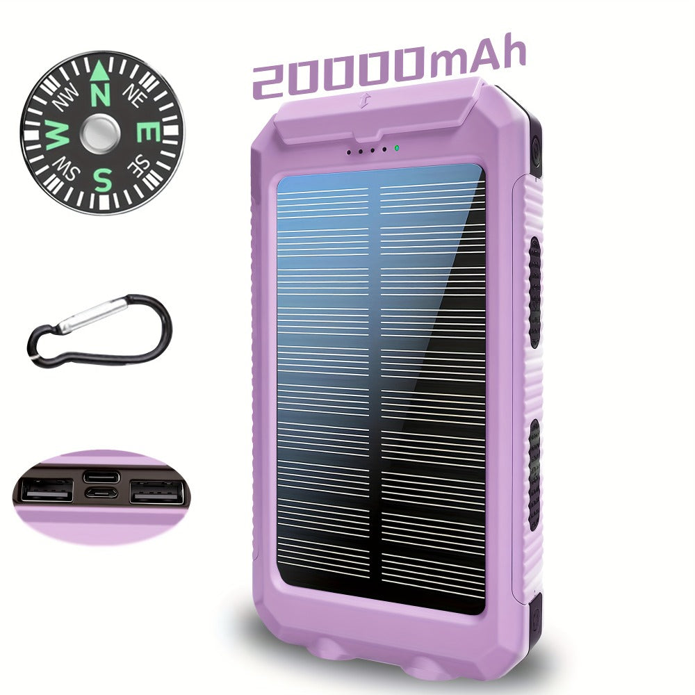 20000mAh Solar Power Bank with Built-In Flashlight & Compass – Dual USB Portable Charger for Camping Hiking Emergency Survival Outdoor Use, Compatible with All Mobile Devices, iPhone Android Samsung