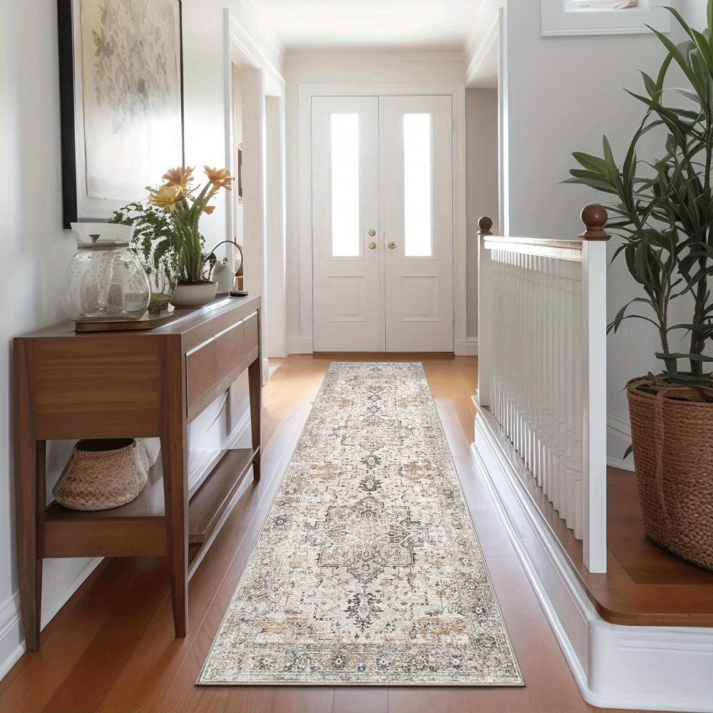 Vintage Chenille Area Rug Non-Slip Machine Washable – Retro Print Lightweight Carpet for Living Room, Bedroom, Dining Area & Home Office – Light Taupe Brown, 8 Sizes