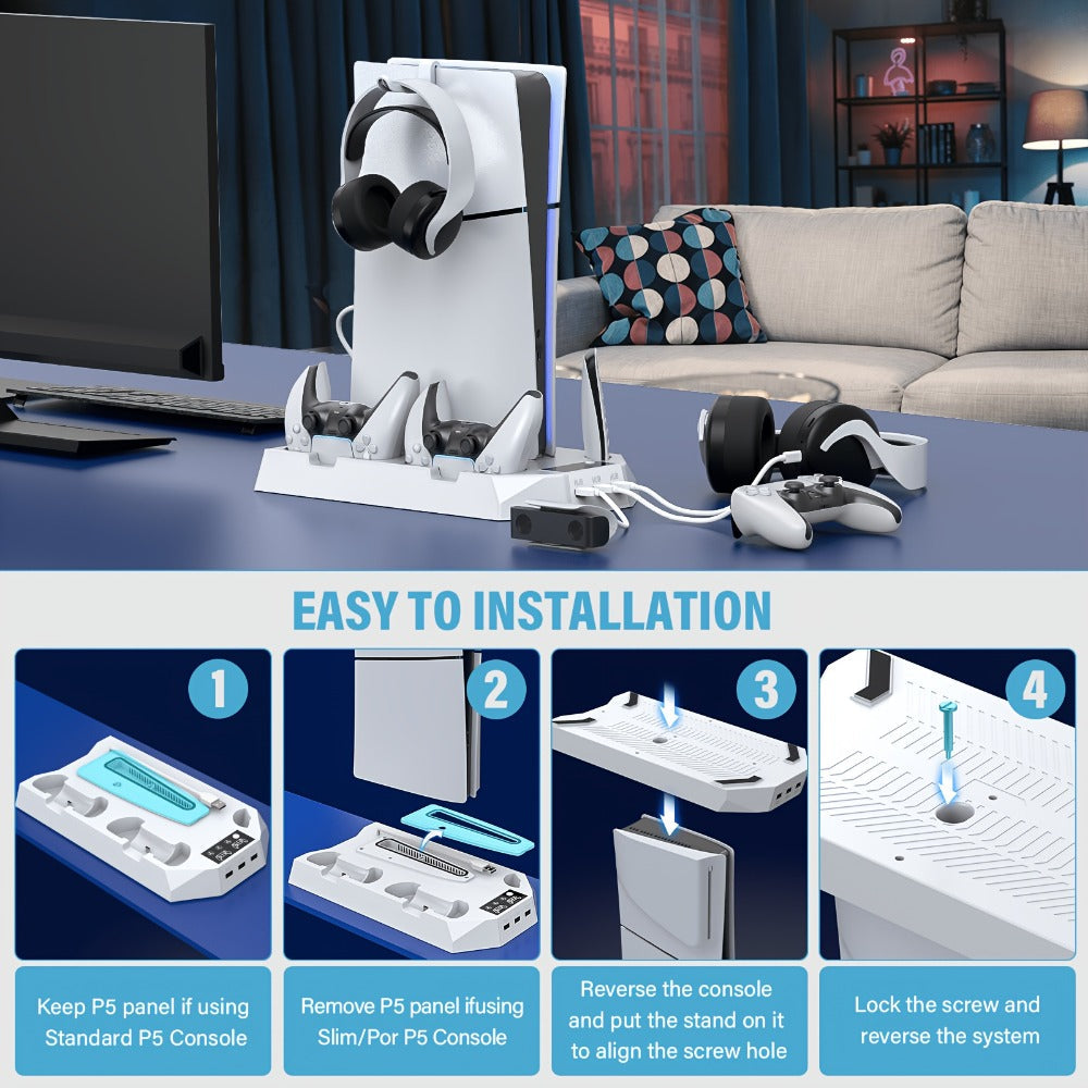 PS5 Cooling Charging Station 5-in-1 with Turbo Fan, Dual Controller Charger, 3-Port USB Hub & Headset Holder – Compatible with PlayStation 5 Slim Pro Standard Disc Digital Edition, 19-Inch USB Cable, Christmas Gift