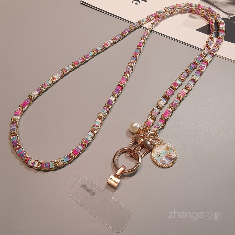 Metal Chain Phone Crossbody Strap Painted Fabric Long Lanyard Fashionable Disc Button Shoulder Phone Strap – Hands-Free for Women Daily Shopping Travel Outdoor Gift