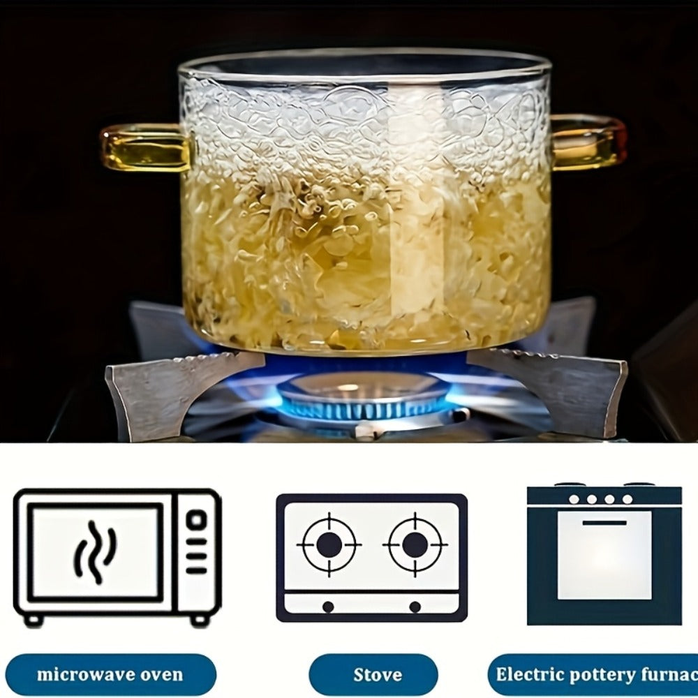 Glass Cooking Pot 54oz 1600ml Borosilicate Heat-Resistant with Lid – Transparent Dumpling & Ramen Pot for Stove & Oven | Odorless Easy-Clean Soup Milk Pot with Green or Yellow Stainless Steel Handle