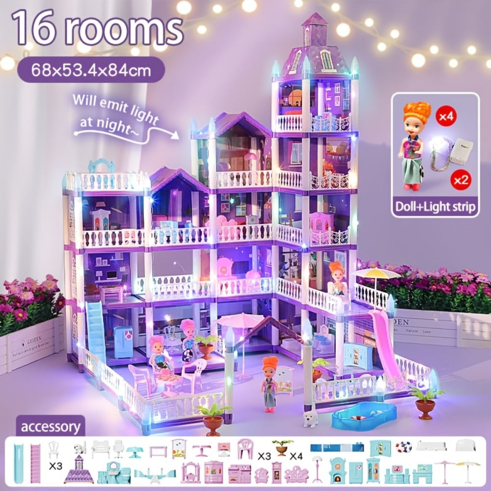 Purple LED Dollhouse Playset with 6 to 16 Room Options and Furniture
