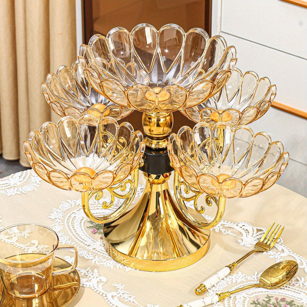 Crystal Rotating Fruit Plate Set 5-Tier – Luxury Round Multi-Layer Snack Candy Dish Bowl for Living Room Coffee Table Home Decor European Style Elegant Dessert Display Centerpiece Gift