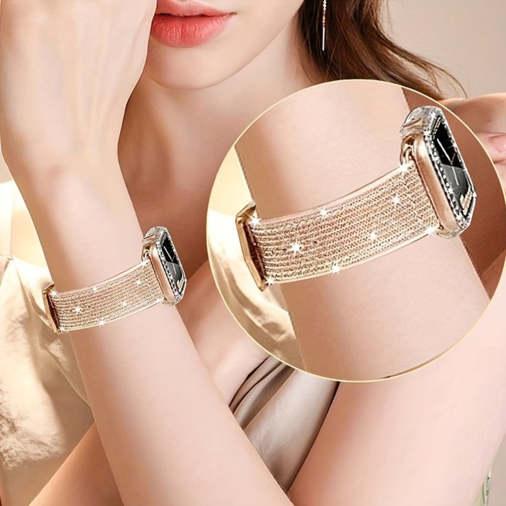 Apple Watch Band with Case Crystal Rhinestone Bling, Chameleon Color-Shift Strap + Shockproof Hard PC Cover, Compatible with Apple Watch Series 1-9 SE Ultra 38mm to 49mm S10 – Rose Gold Black Silver Women