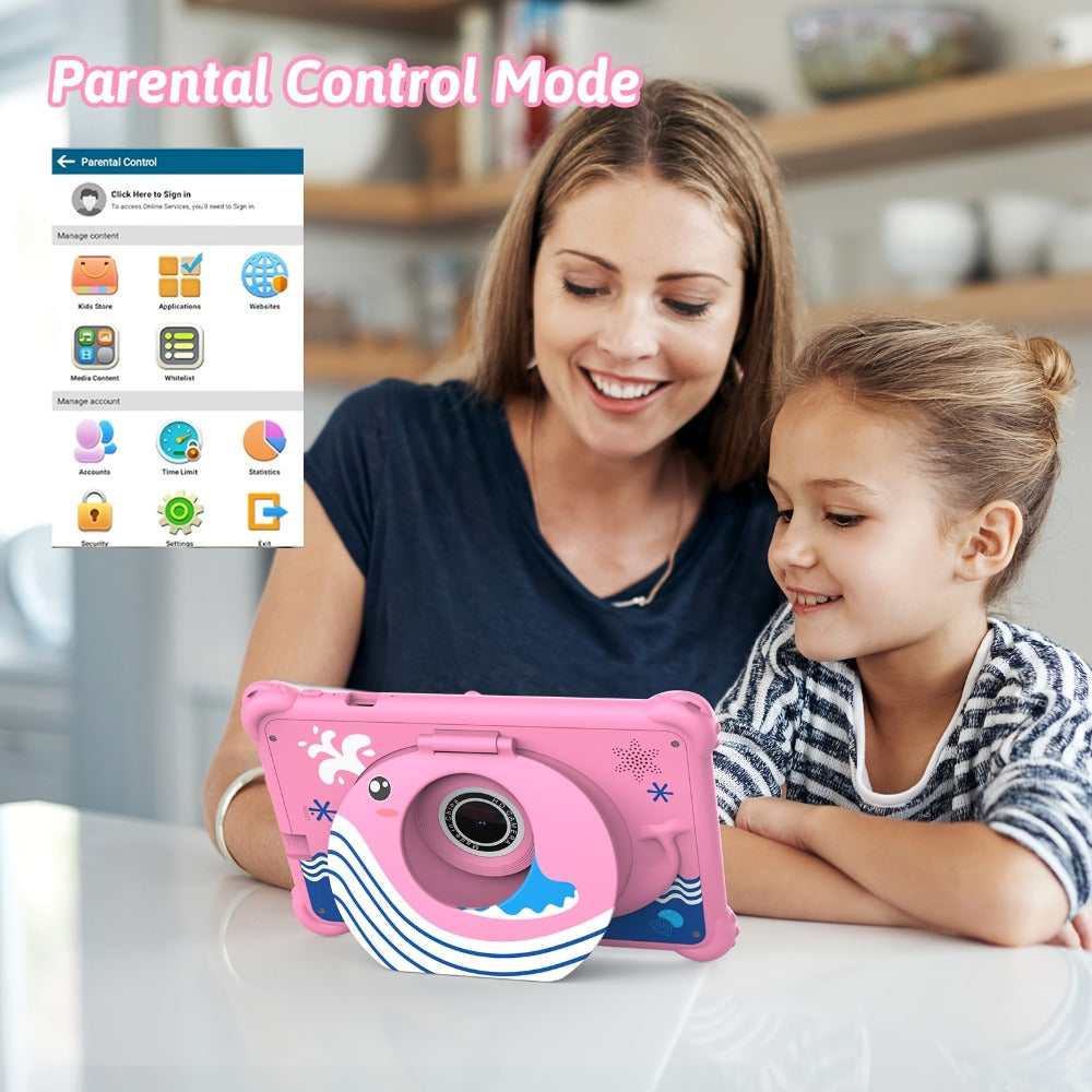 ABS Case Kids Tablet 7 Inch Android 4GB RAM 32GB ROM 512GB Expandable Parental Controls Eye Protection Display Dual Camera WiFi Stereo Speakers Type-C Durable Learning Tablet for Children Ages 3-12 Pink Blue