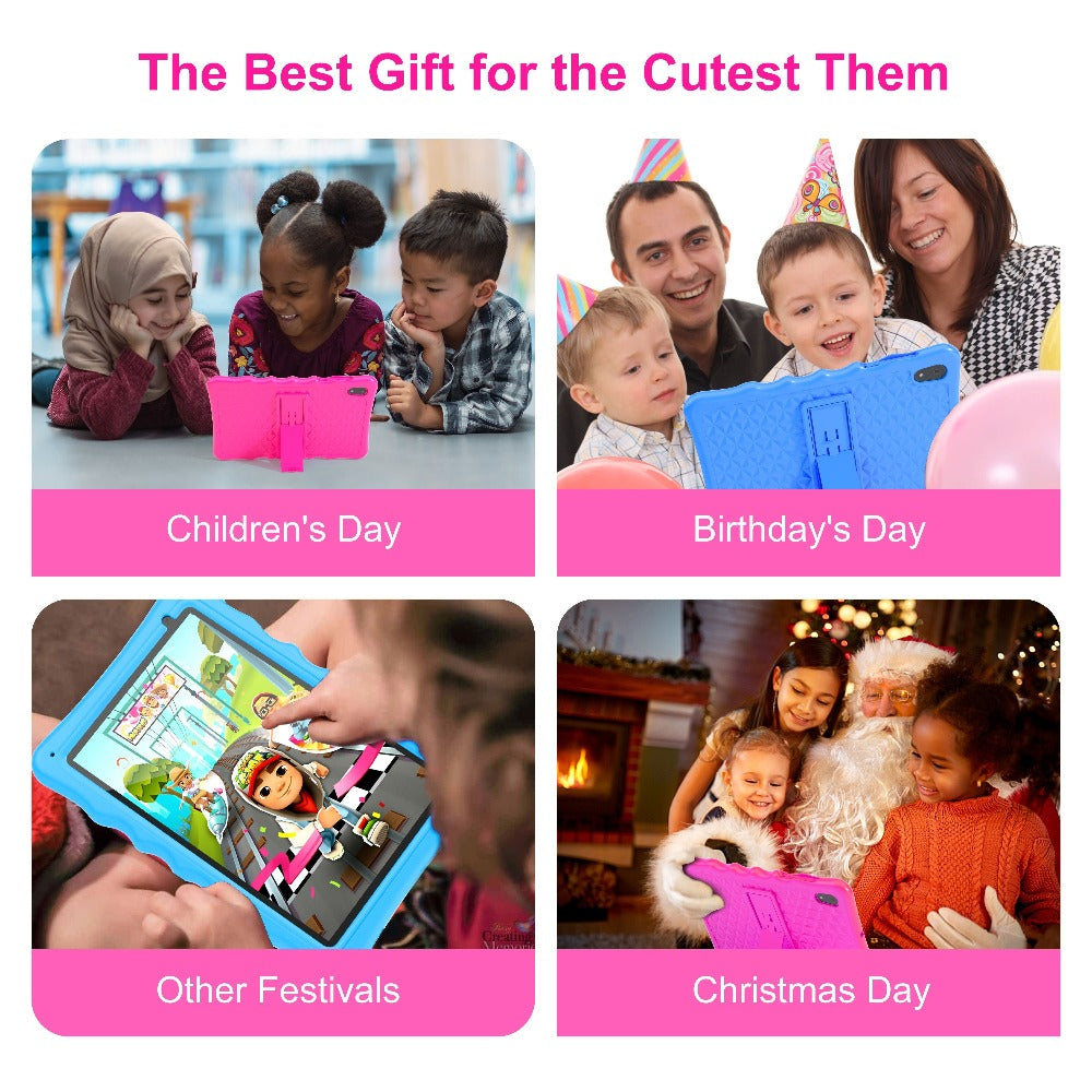 Kids Tablet 10.1 Inch Android 13 with 4GB RAM 32GB, 6000mAh Battery, Dual Camera, WiFi, Bluetooth, Parental Controls & Shockproof Case – Learning Tablet Gift for Boys & Girls, Blue / Pink