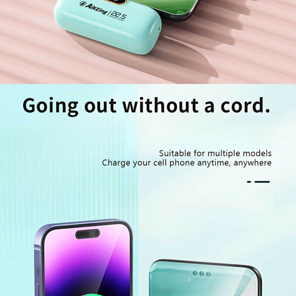 Mini Power Bank 5000mAh with Built-in USB-C Connector Fast Charging – Ultra-Compact Pocket Portable Charger for iPhone Android Samsung | Emergency Travel Charger | Green Pink