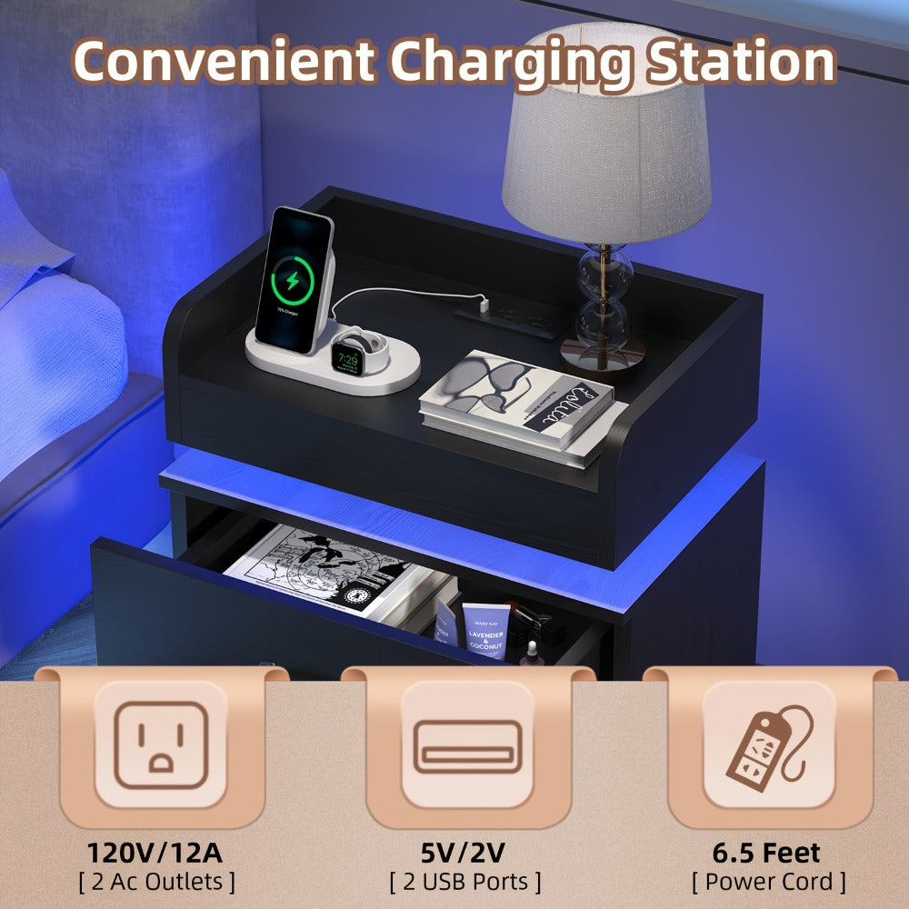 Bedside Table with Charging Station & LED Lights – Modern Wooden Nightstand with Drawer & Open Shelf | Black or White | 1pc or 2pcs Set | Bedroom Living Room End Table | Housewarming Gift