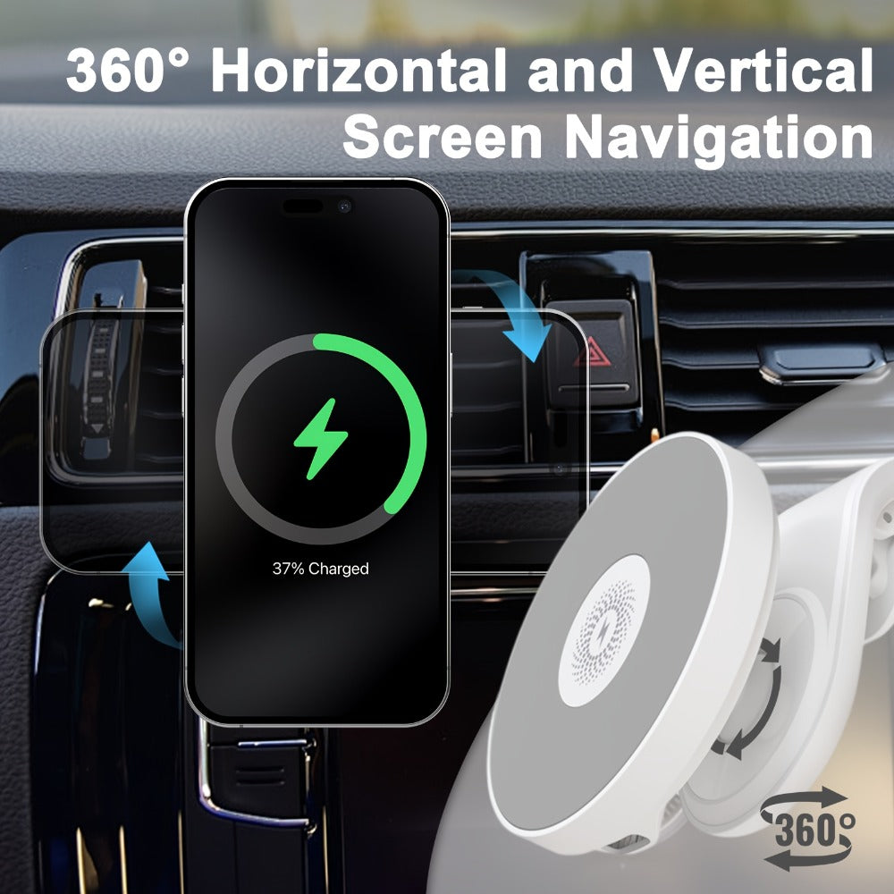 Magnetic Wireless Car Charger Mount 15W 360° Swivel Ball Joint Air Vent Holder for iPhone 17 17 Air 17 Pro Max 16 15 14 13 12 Series, Samsung Galaxy S24 S23 S22 & All Qi Devices – White