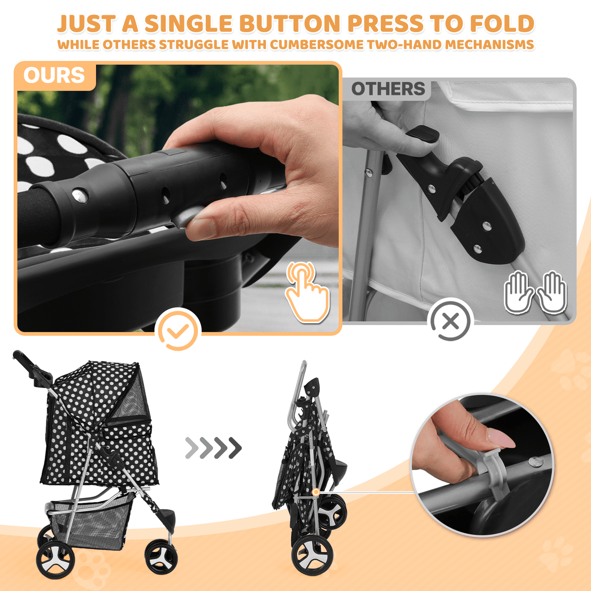 Pet Jogger Stroller 3-Wheel for Small & Medium Dogs & Cats up to 33 lbs - Foldable Oxford Waterproof Dog Cat Pram with 360° Swivel Wheels, Shock Absorber, Rear Brakes, Cup Holder & Storage Basket, 11 Colors