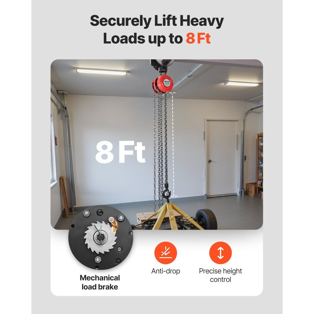 Hand Chain Hoist 2200 lb / 4400 lb Manual Chain Block with G70 Chain – 8 ft / 10 ft / 20 ft Lift Height, 360° Rotating Hooks, Security Brake, for Garage, Construction & Warehouse Lifting
