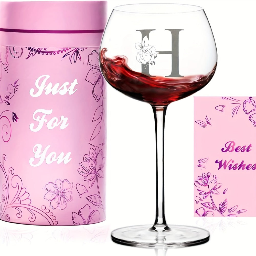 Personalized Wine Glass Gift for Women – A-Z Initial Letter Monogrammed Wine Glass with Gift Box & Greeting Card – Unique Birthday, Christmas & Mother's Day Gift for Mom, Best Friend & Sister