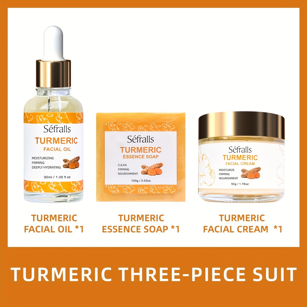 Turmeric Skincare Set 3 Pcs - Turmeric Face Cream, Facial Soap & Essential Oil Kit for Deep Pore Cleansing, Brightening & Moisturizing, Oil Control Skin Care Gift Set for Women & Men