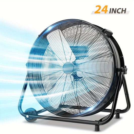 Industrial Drum Fan with 3 Speeds, Metal Housing, 360° Tilt and Rolling Casters