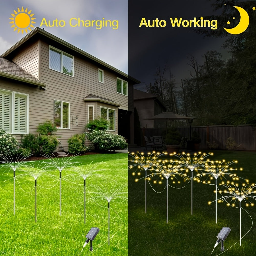 Solar LED Firework Garden Lights Outdoor 8 Modes – 320/680 LED Starburst Stake Light Warm White Colorful for Patio Walkway Camping Wedding Halloween Party Decoration – Single/4/6 Pack