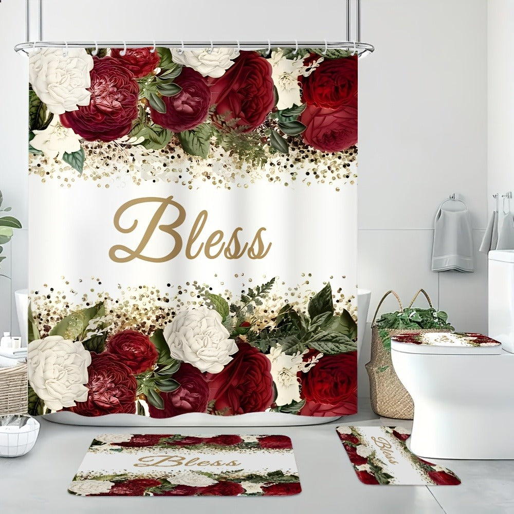 Rose Print Shower Curtain 4-Piece Bathroom Set – Toilet Lid Cover Mat Machine Washable with 12 Hooks Elegant Floral Decor