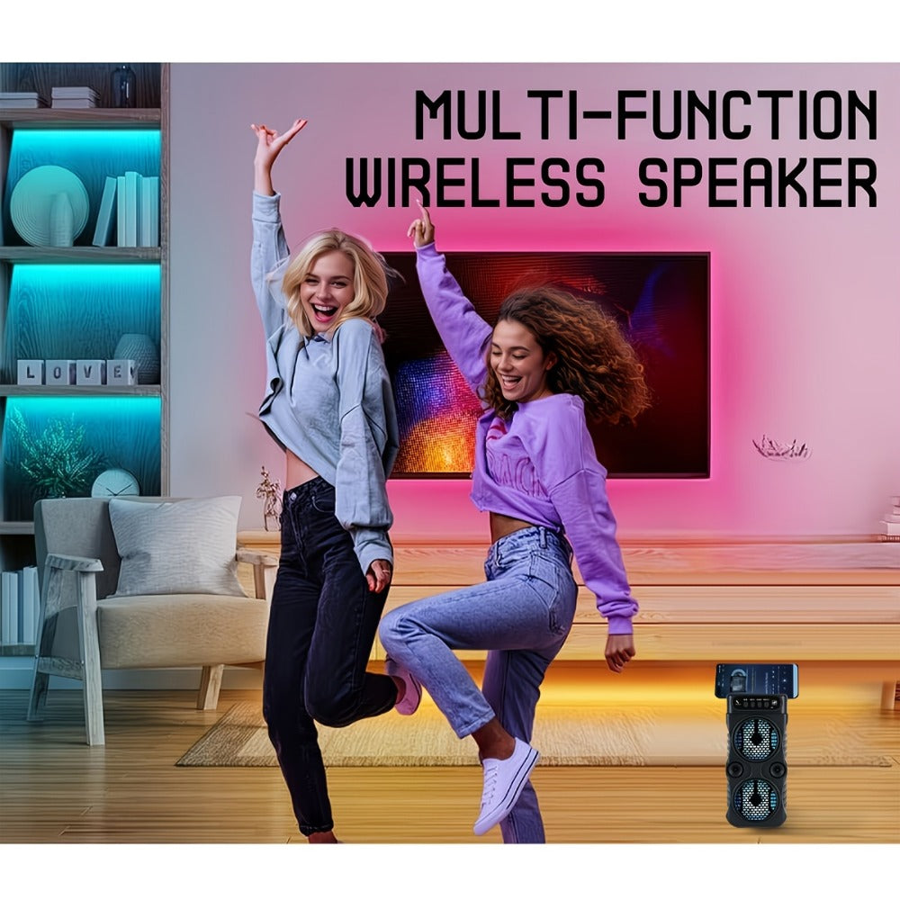 Dual Subwoofer Heavy Bass Portable Wireless Speaker with Colorful Lighting – FM Radio, MP3 Player, Supports Bluetooth, TWS, USB, AUX, TF Card & Microphone Input, Perfect for Home Parties & Holiday Gatherings