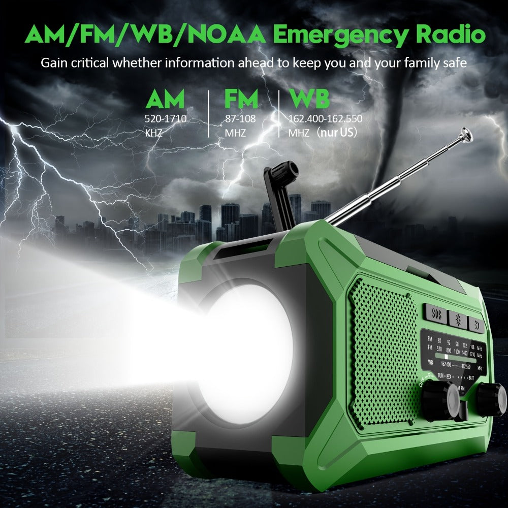 Emergency Radio Hand Crank Solar USB 3-Way Charging AM FM with 10000mAh Power Bank, SOS Alarm, LED Flashlight, Reading Light, Thermometer, Compass for Family Home Survival Kit