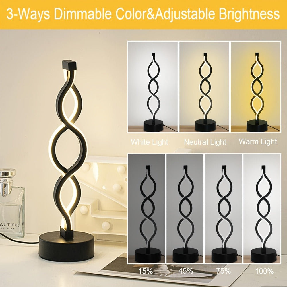 Spiral LED Table Lamp – Modern Minimalist Wave Dimmable Desk Lamp, 3 Color Temperatures, USB Charging, Metallic Base, Creative Curved Night Light for Bedroom Living Room Office Study (1pc / 2pc / Wooden)