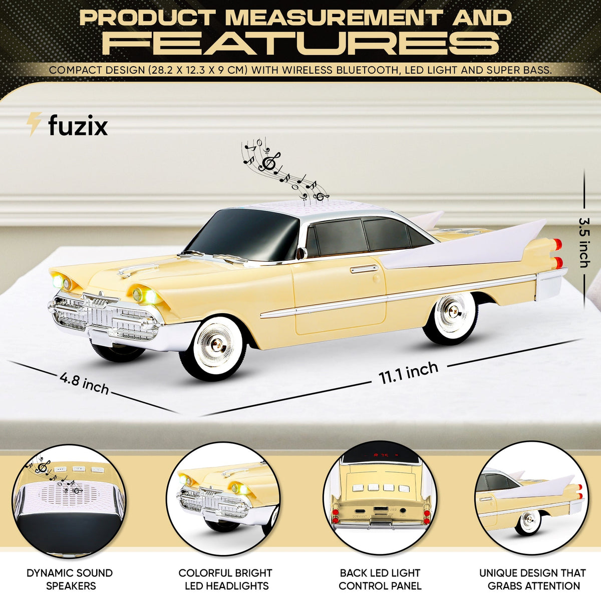 Retro Car Bluetooth Speaker with LED Headlights & Taillights, Fuzix WS-1965 Wireless Portable Stereo Speaker, AUX/USB/TF/FM Radio, Built-in Mic, Rechargeable Battery, Gift for Car Enthusiasts
