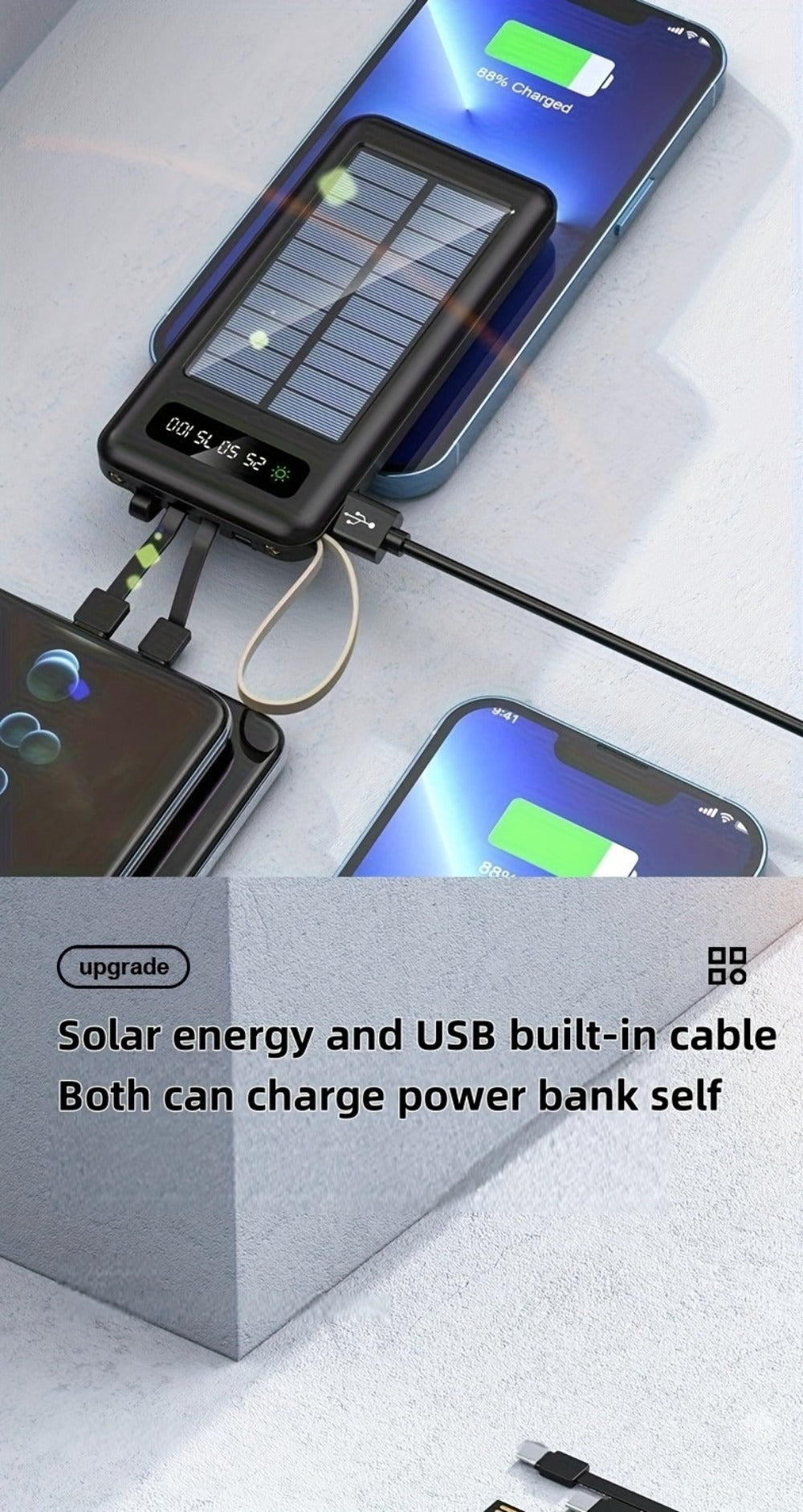 Solar Power Bank with Built-in 4 Cables LED Flashlight 15W Fast Charging Digital Display Dual USB USB-C Portable Charger 10000mAh 20000mAh 30000mAh for iPhone Android Camping Hiking