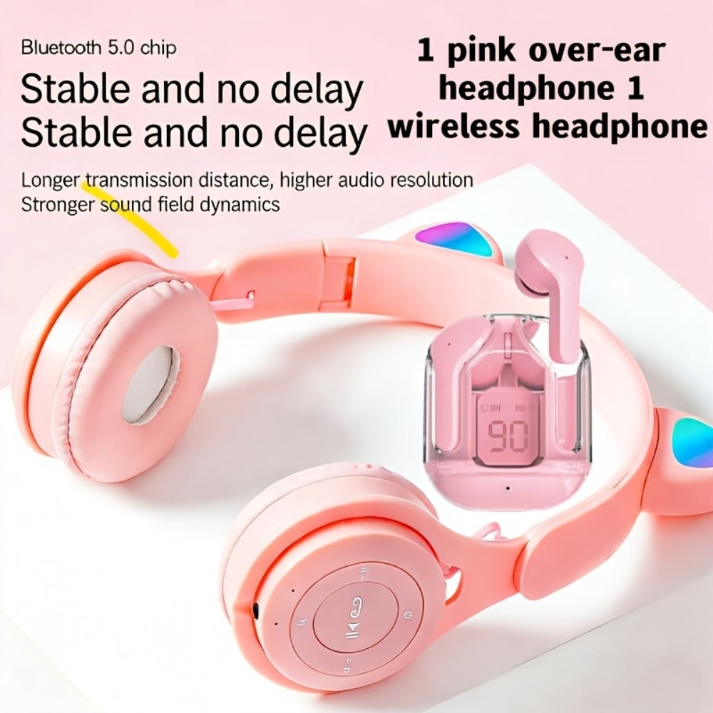 Cute Pink Cat Ear Headphones & Wireless Earbuds Gift Set Bundle LED Glowing Over-Ear Headset Combo for Girls Teens Women Birthday Holiday Back to School
