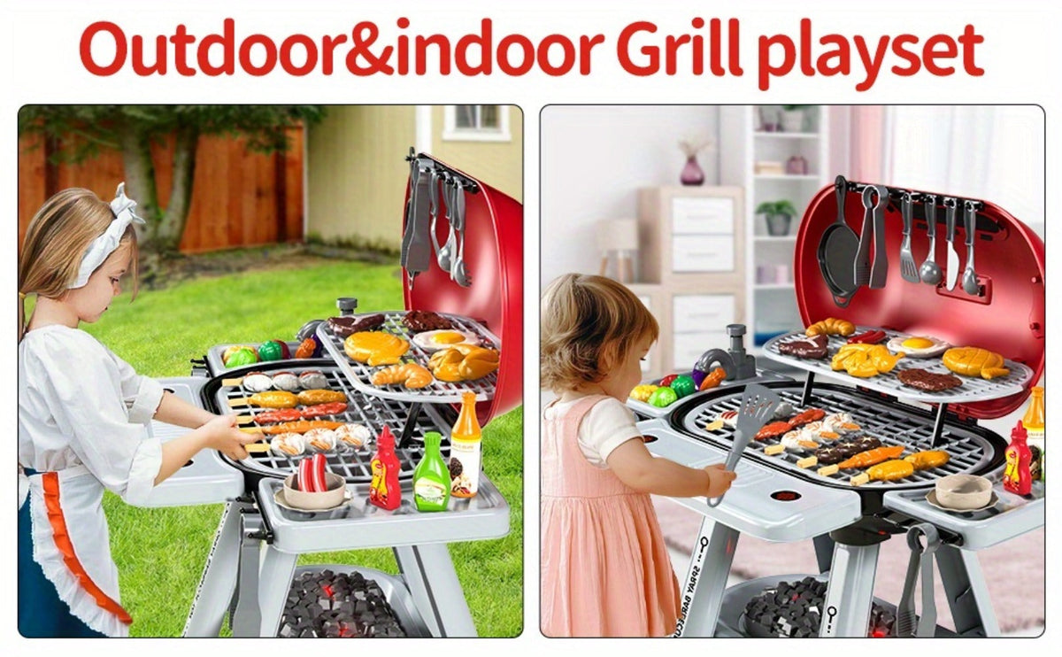 Kids BBQ Grill Playset with Two-Tier Design, Toy Food & Water Tap