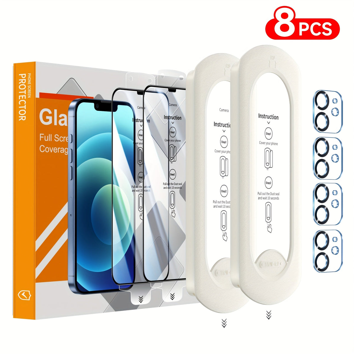 9H Tempered Glass Screen Protector for iPhone 8-Pack with Alignment Tool – 4 Screen + 4 Camera Lens, HD Clear, Bubble-Free, Case Compatible, iPhone 16 Pro Max / 15 / 14 / 13 / 12 / 11 Series