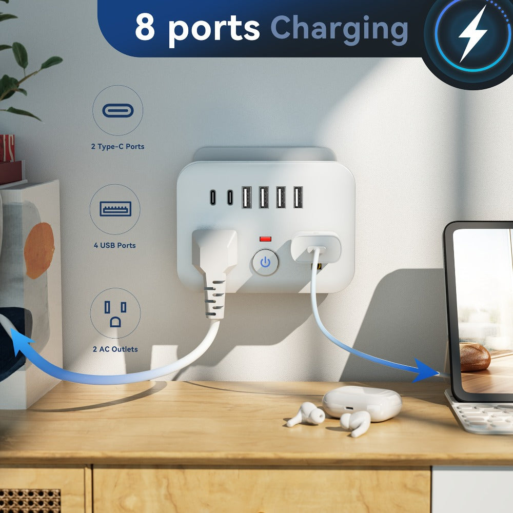 Compact Travel Surge Protector Power Strip 8-in-1 with 2 AC Outlets 4 USB-A Ports 2 USB-C Jacks Overload Protection Wall Mount Mini Portable Charging Station for Home Office Travel – Black or White