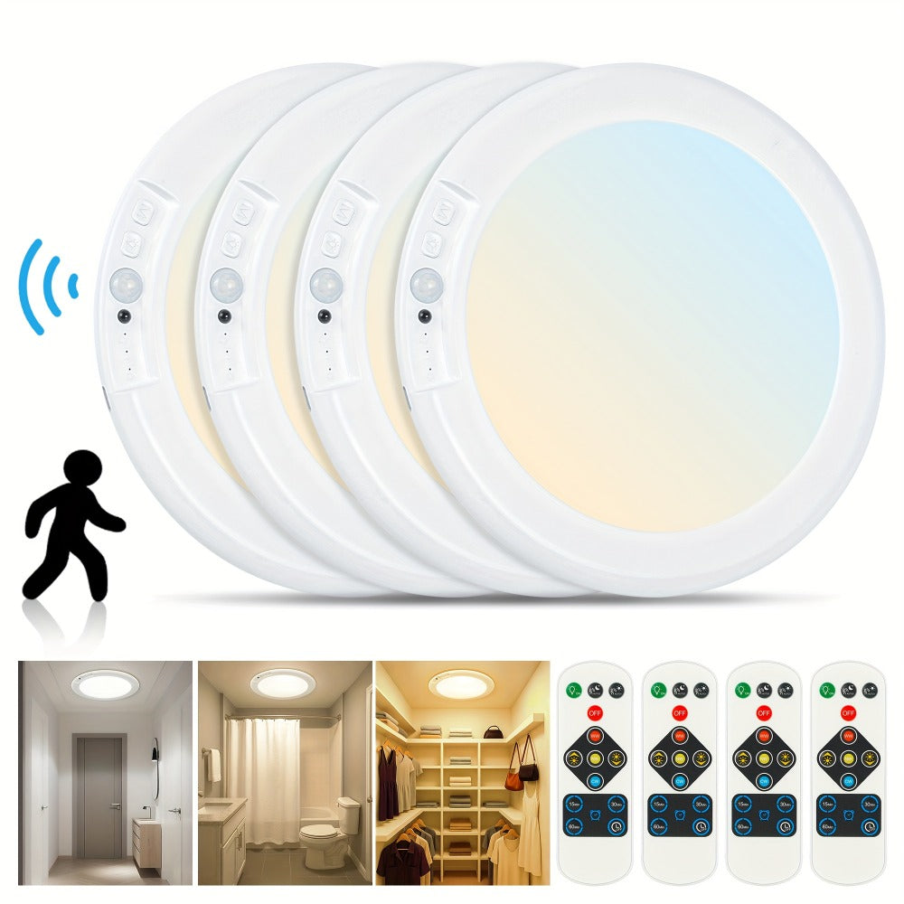 Rechargeable LED Ceiling Light with Motion Sensor – Remote Control Dimmable, 3 Color Temps 3000K/4500K/6500K, 10 Brightness Levels, Battery Operated Closet Light for Bathroom Hallway Pantry Porch