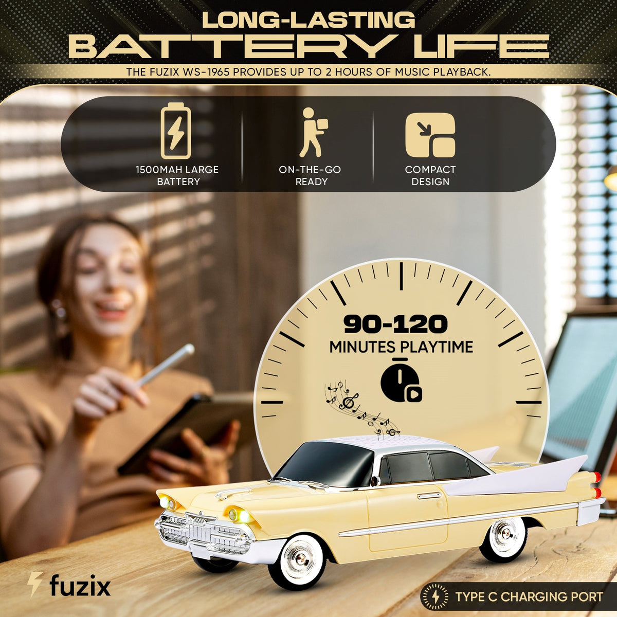 Retro Car Bluetooth Speaker with LED Headlights & Taillights, Fuzix WS-1965 Wireless Portable Stereo Speaker, AUX/USB/TF/FM Radio, Built-in Mic, Rechargeable Battery, Gift for Car Enthusiasts