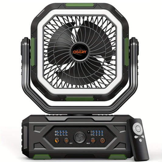 Rechargeable Camping Fan with LED Lantern, Remote Control and Timer Options