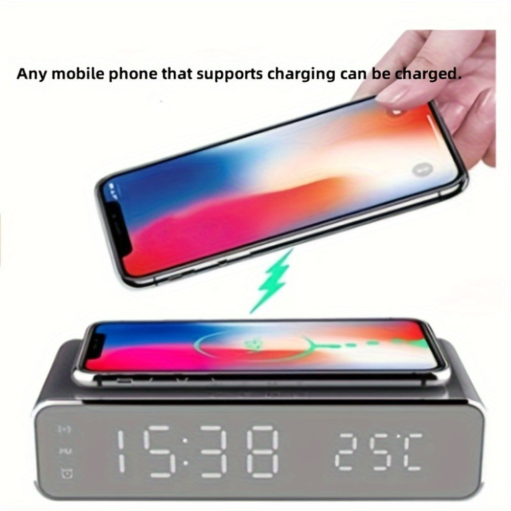 Alarm Clock Wireless Charger with Thermometer 3-in-1 LED Fast Charging Pad for iPhone & Android – 3 Alarms, 12/24H Display, Celsius/Fahrenheit, Power Saving Mode | Bedside Nightstand & Desk Gadget | Black & Silver