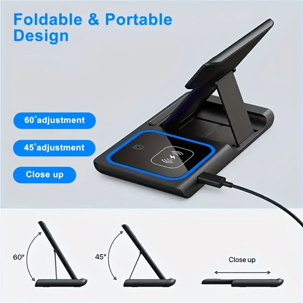3-in-1 Wireless Charging Station with QC3.0 Adapter Included 15W Fast Charge – Upright Stand for iPhone 17/16/15/14/13/12/11, Apple Watch Ultra/Series 9/8/SE & AirPods | Black & White
