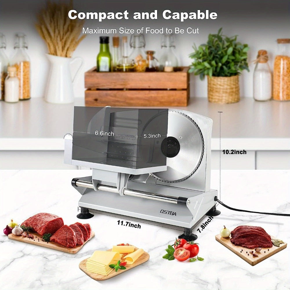 Electric Meat Slicer for Home Use – Deli Food Slicer with 2 Removable Stainless Steel Blades, Adjustable Thickness, Food Carriage for Meat, Cheese & Bread
