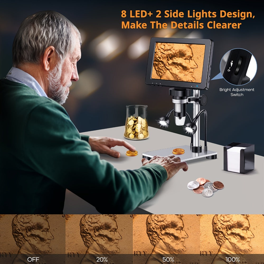 7 Inch LCD Digital Microscope 1200X Magnification, DM9 Coin Microscope 12MP Camera, 8 LED Lights, 32GB Card, Windows Compatible, USB Wired, for Coin Collecting, Jewelry, PCB, Science Education
