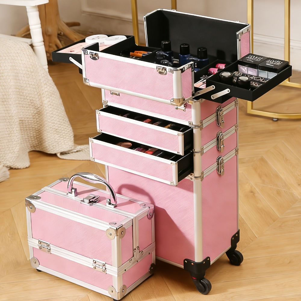 Rolling Makeup Case Aluminum 4-in-1 Extra Large Professional Cosmetic Trolley with 360° Swivel Wheels for Makeup Artist Tattoo Artist Salon Travel Black Pink Silver