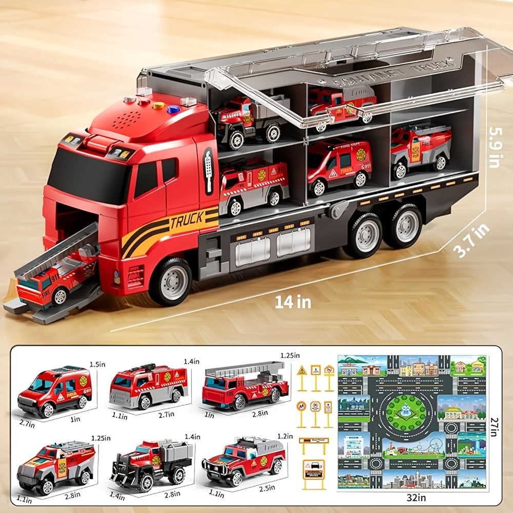 Fire Truck Toy Set with Die-Cast Metal Carrier Truck & Play Mat, Emergency Vehicle Playset