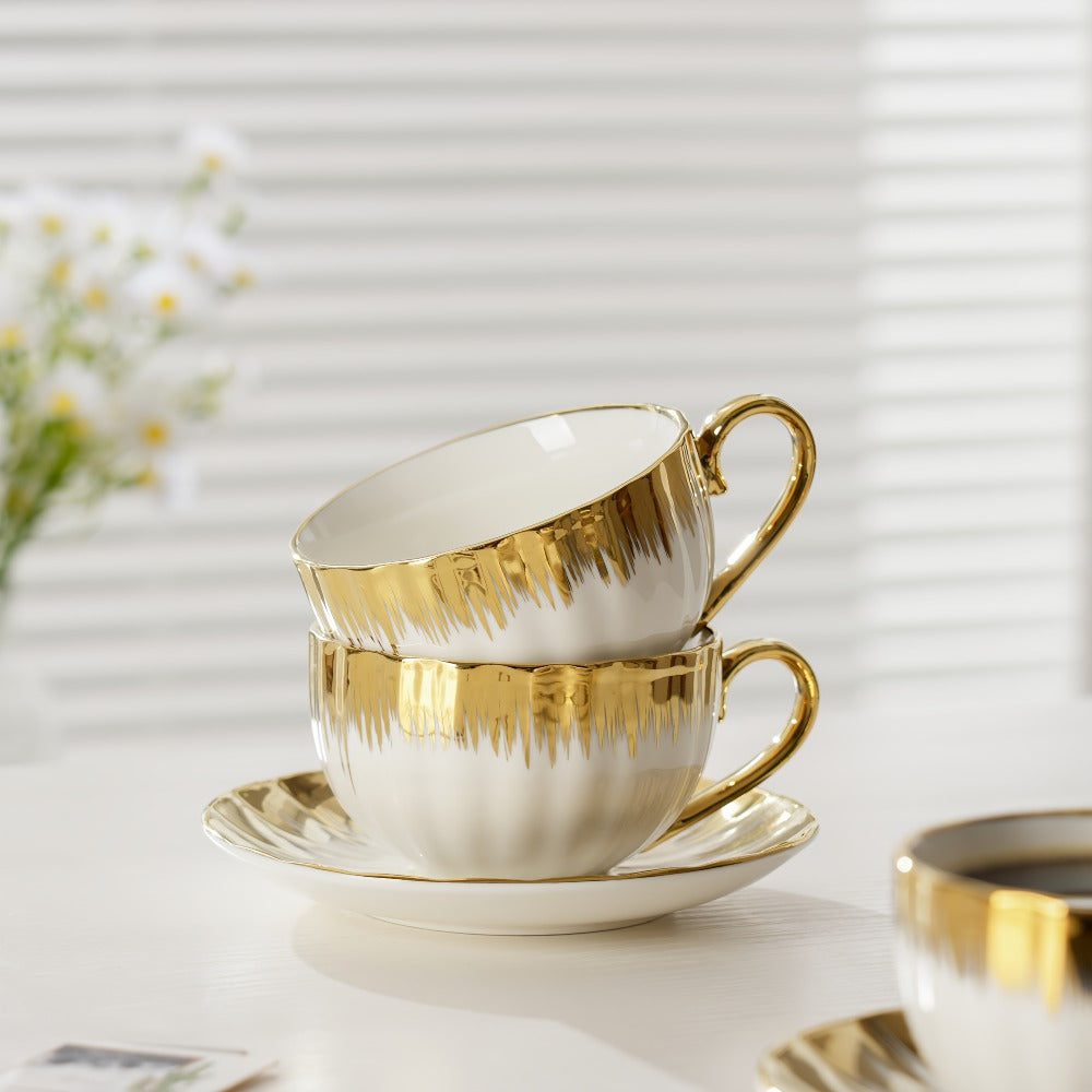 European Ceramic Coffee Cup and Saucer Set of 6 – Light Luxury 8.45oz Porcelain Tea Cups with Plates | Elegant Floral Dinnerware for Wedding Mother's Day Holiday Gift