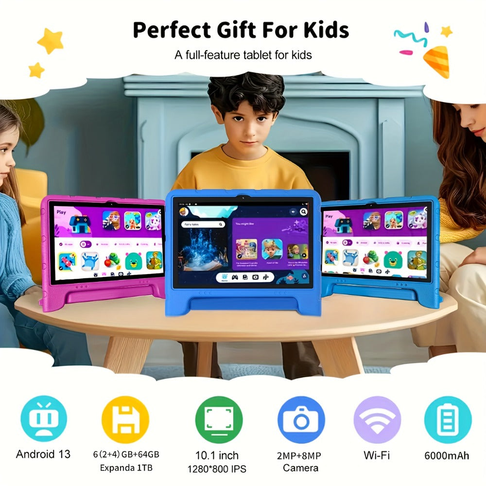 10.1 Inch Android 13 Tablet 2025 – 2GB RAM 64GB ROM 1TB Expandable, GPS, WiFi, 6000mAh Battery, Quad-Core, IPS HD Screen, Dual Camera, Parental Control, Education & Streaming Blue Rose Red