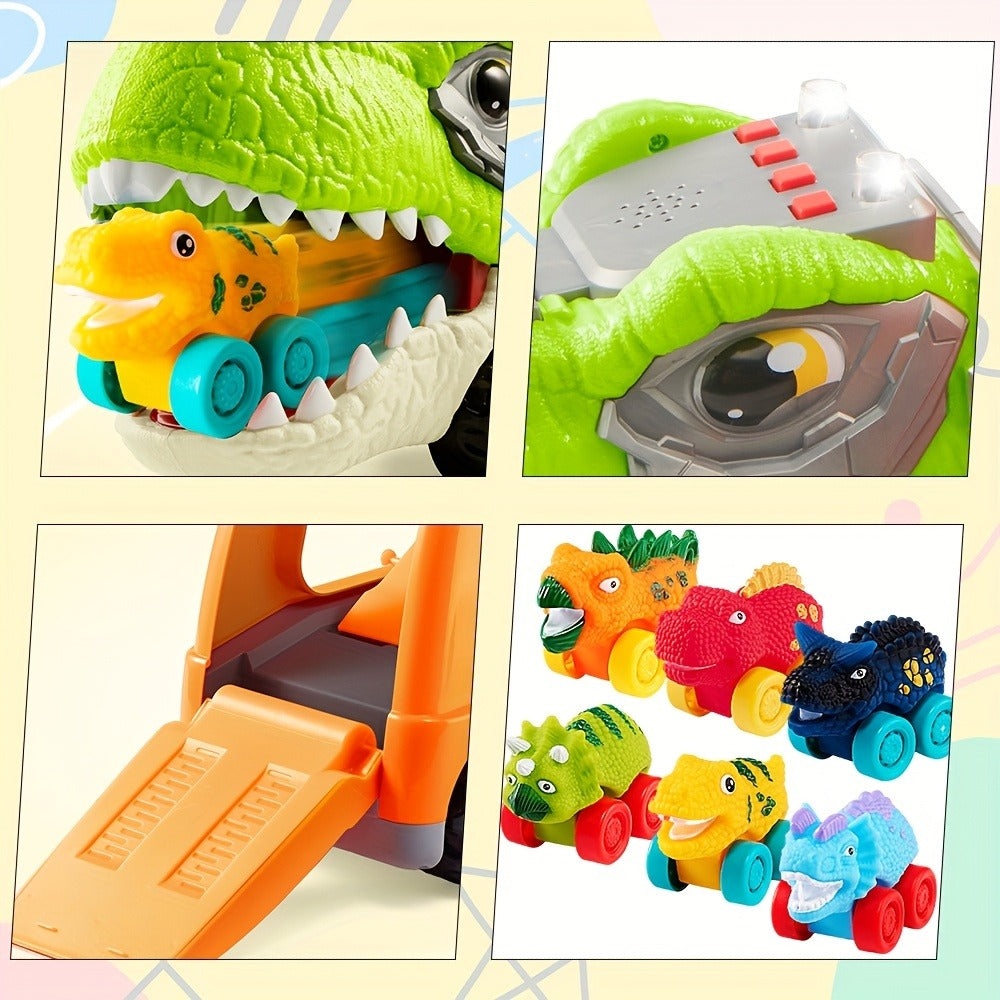 T-Rex Carrier Truck Toy – Dinosaur Transport Truck with 6 Mini Dino Cars, Ramp, Lights & Sound