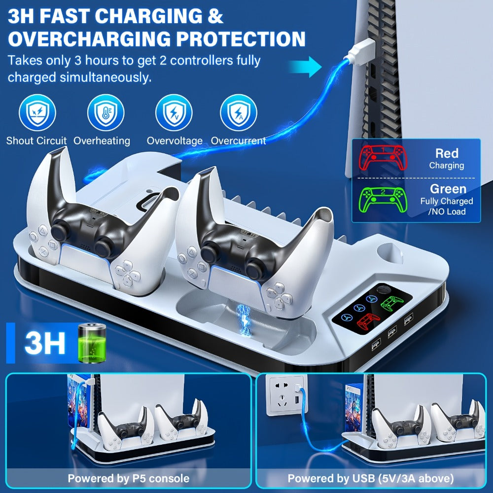 Auto Turbofan PS5 Cooling Stand with 3-Level Speed Control & Dual Controller Charger for PS5 / PS5 Slim / PS5 Pro – Charging Station for All PlayStation 5 Console Editions, Great Christmas Gift